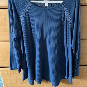 Waffle style long sleeve T-shirt, scoop neck with a V-neck lace down the back